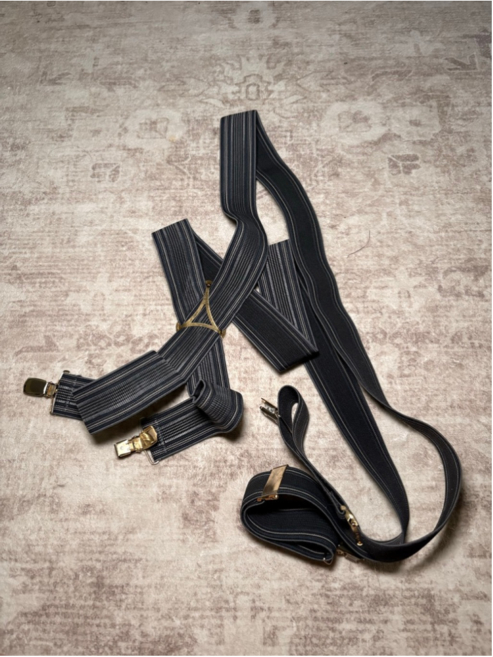 Vintage Dark Gray Striped Suspenders with Gold Clips